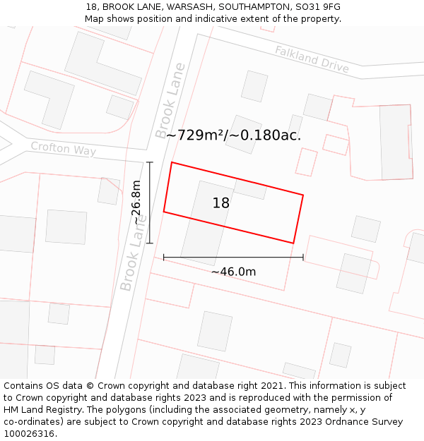 18, BROOK LANE, WARSASH, SOUTHAMPTON, SO31 9FG: Plot and title map