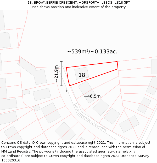 18, BROWNBERRIE CRESCENT, HORSFORTH, LEEDS, LS18 5PT: Plot and title map