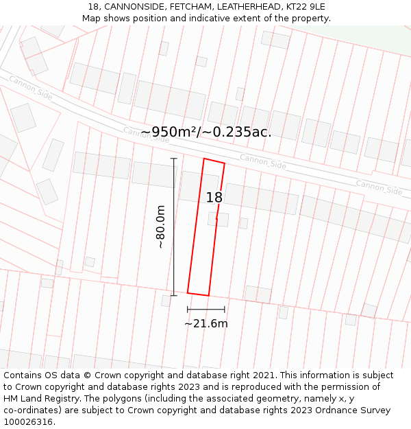 18, CANNONSIDE, FETCHAM, LEATHERHEAD, KT22 9LE: Plot and title map