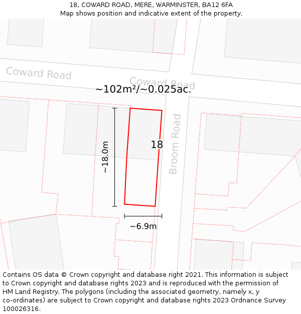 18, COWARD ROAD, MERE, WARMINSTER, BA12 6FA: Plot and title map