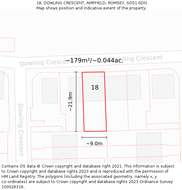 18, DOWLING CRESCENT, AMPFIELD, ROMSEY, SO51 0DN: Plot and title map