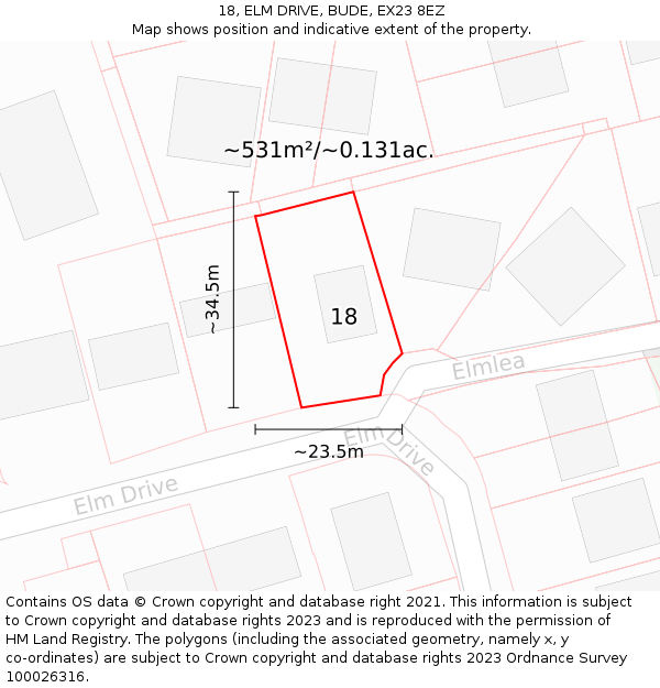 18, ELM DRIVE, BUDE, EX23 8EZ: Plot and title map