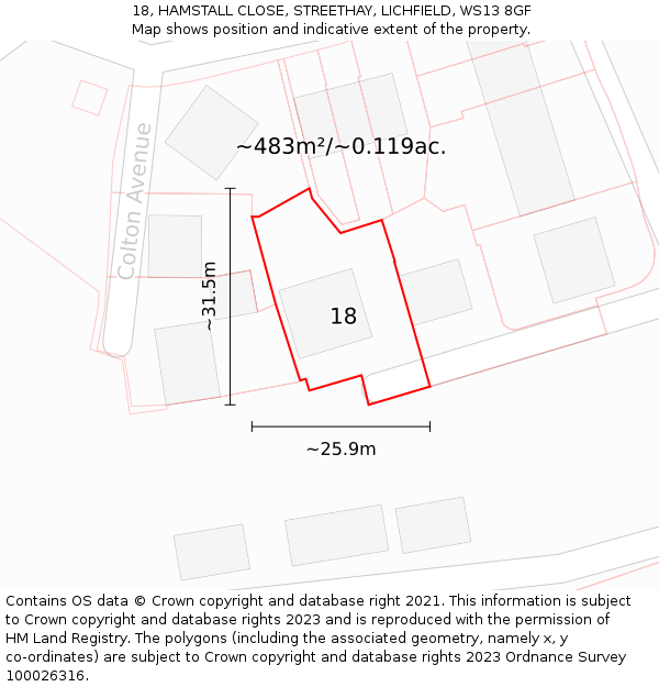 18, HAMSTALL CLOSE, STREETHAY, LICHFIELD, WS13 8GF: Plot and title map