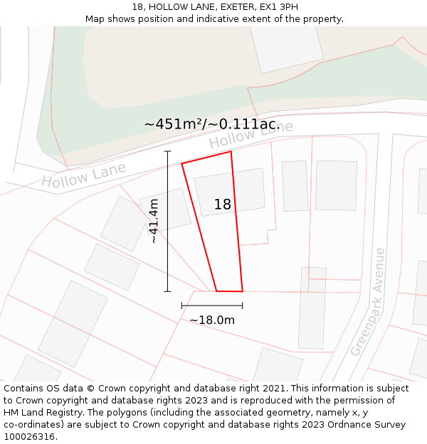 18, HOLLOW LANE, EXETER, EX1 3PH: Plot and title map