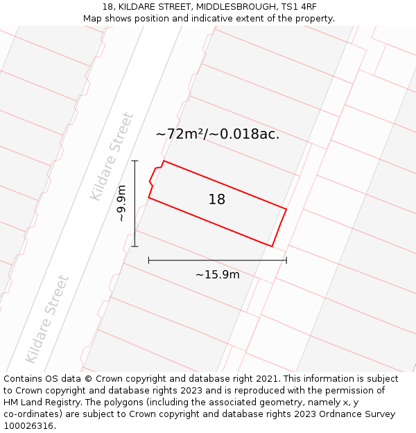 18, KILDARE STREET, MIDDLESBROUGH, TS1 4RF: Plot and title map