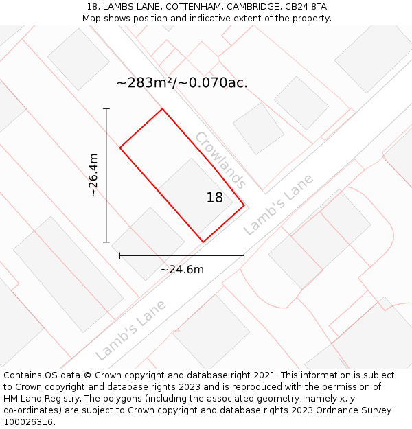18, LAMBS LANE, COTTENHAM, CAMBRIDGE, CB24 8TA: Plot and title map