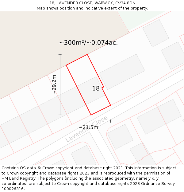 18, LAVENDER CLOSE, WARWICK, CV34 8DN: Plot and title map