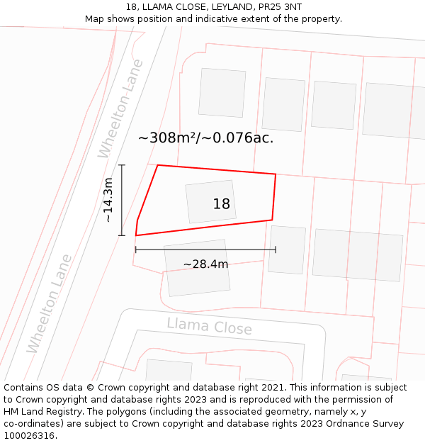 18, LLAMA CLOSE, LEYLAND, PR25 3NT: Plot and title map