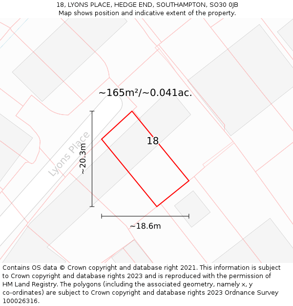 18, LYONS PLACE, HEDGE END, SOUTHAMPTON, SO30 0JB: Plot and title map