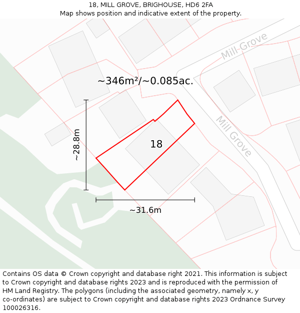 18, MILL GROVE, BRIGHOUSE, HD6 2FA: Plot and title map