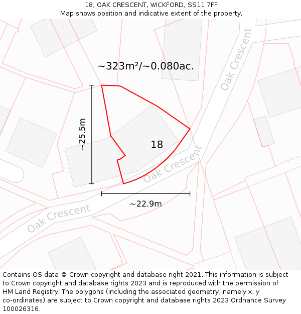 18, OAK CRESCENT, WICKFORD, SS11 7FF: Plot and title map