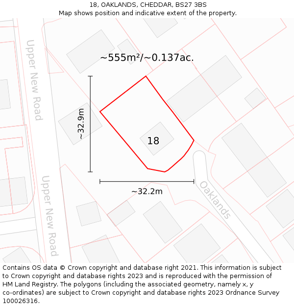 18, OAKLANDS, CHEDDAR, BS27 3BS: Plot and title map