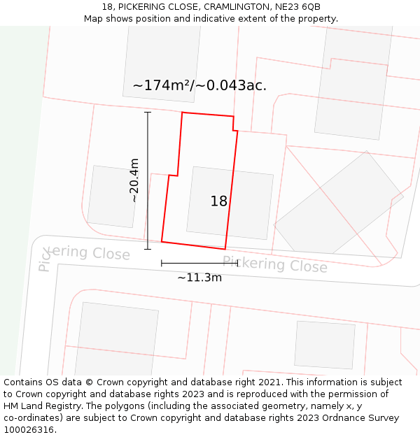18, PICKERING CLOSE, CRAMLINGTON, NE23 6QB: Plot and title map
