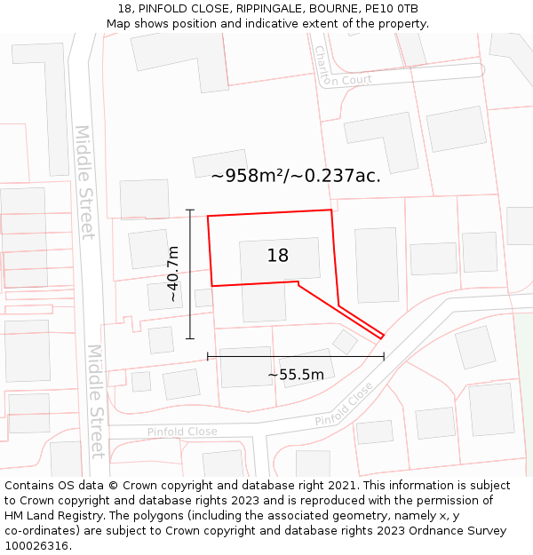18, PINFOLD CLOSE, RIPPINGALE, BOURNE, PE10 0TB: Plot and title map