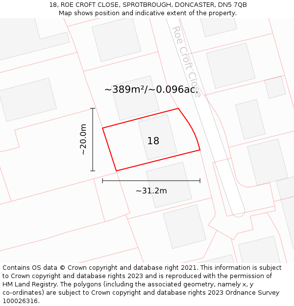18, ROE CROFT CLOSE, SPROTBROUGH, DONCASTER, DN5 7QB: Plot and title map