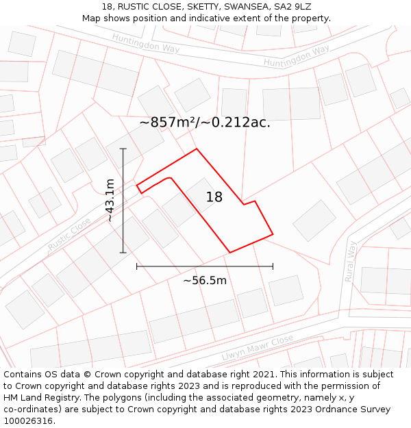 18, RUSTIC CLOSE, SKETTY, SWANSEA, SA2 9LZ: Plot and title map