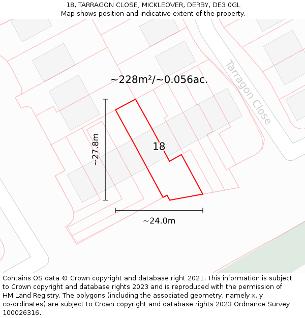18, TARRAGON CLOSE, MICKLEOVER, DERBY, DE3 0GL: Plot and title map
