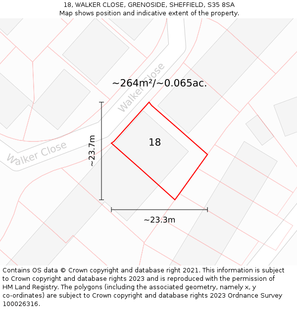 18, WALKER CLOSE, GRENOSIDE, SHEFFIELD, S35 8SA: Plot and title map