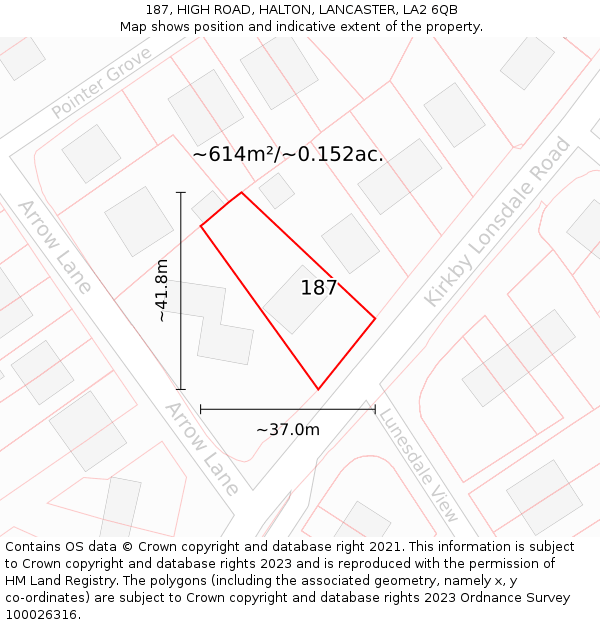 187, HIGH ROAD, HALTON, LANCASTER, LA2 6QB: Plot and title map