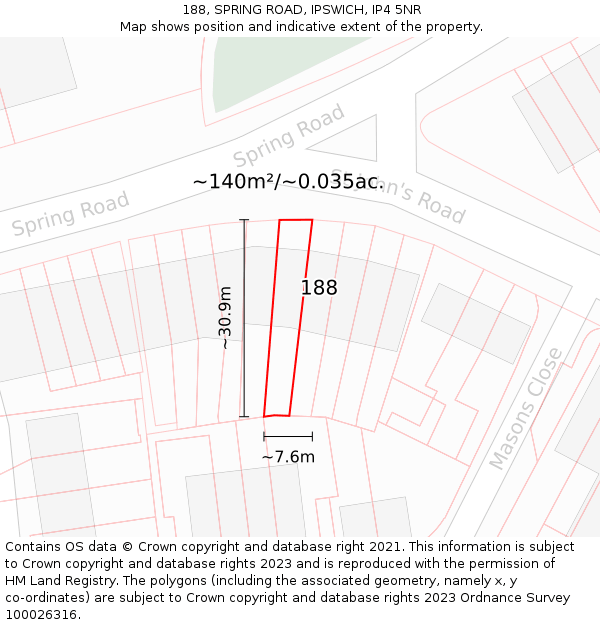 188, SPRING ROAD, IPSWICH, IP4 5NR: Plot and title map