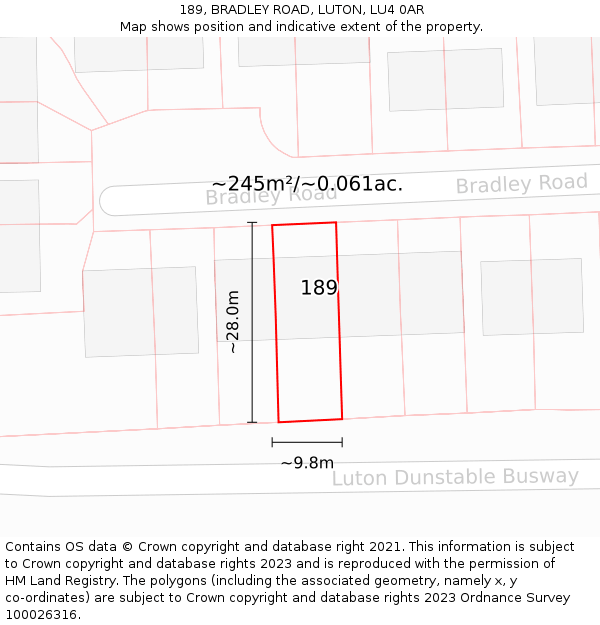 189, BRADLEY ROAD, LUTON, LU4 0AR: Plot and title map