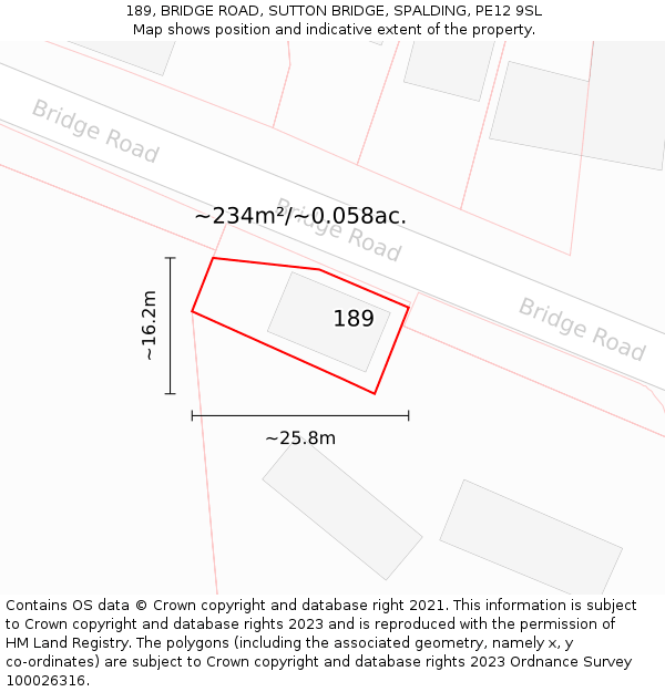 189, BRIDGE ROAD, SUTTON BRIDGE, SPALDING, PE12 9SL: Plot and title map