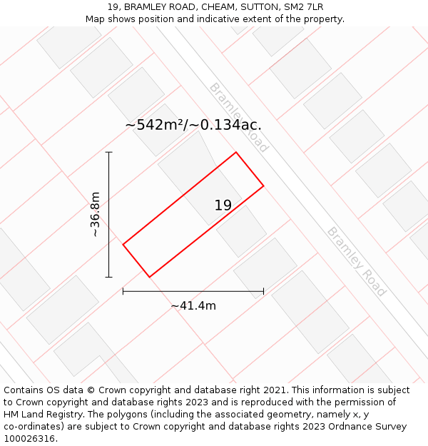 19, BRAMLEY ROAD, CHEAM, SUTTON, SM2 7LR: Plot and title map