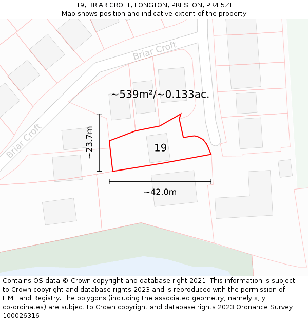 19, BRIAR CROFT, LONGTON, PRESTON, PR4 5ZF: Plot and title map