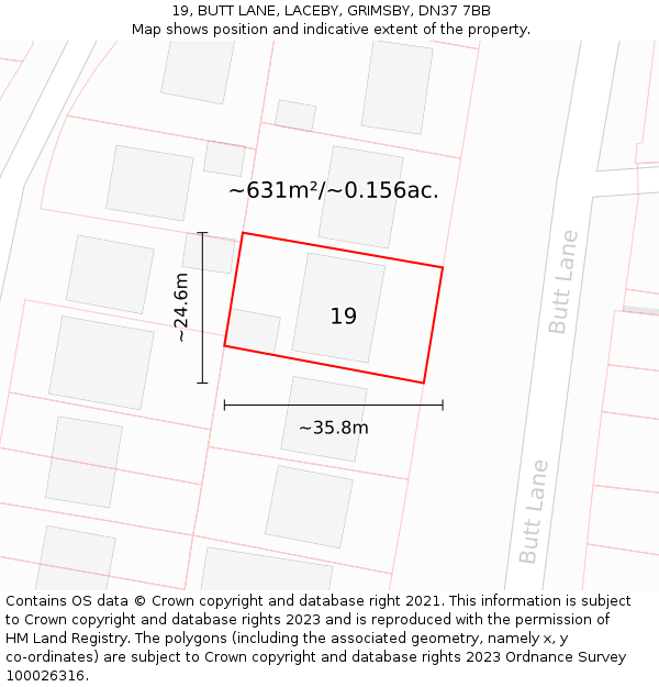 19, BUTT LANE, LACEBY, GRIMSBY, DN37 7BB: Plot and title map