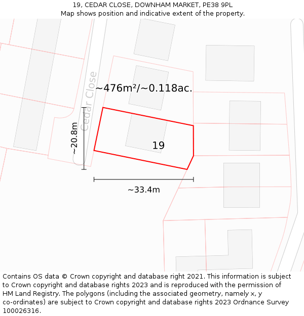 19, CEDAR CLOSE, DOWNHAM MARKET, PE38 9PL: Plot and title map