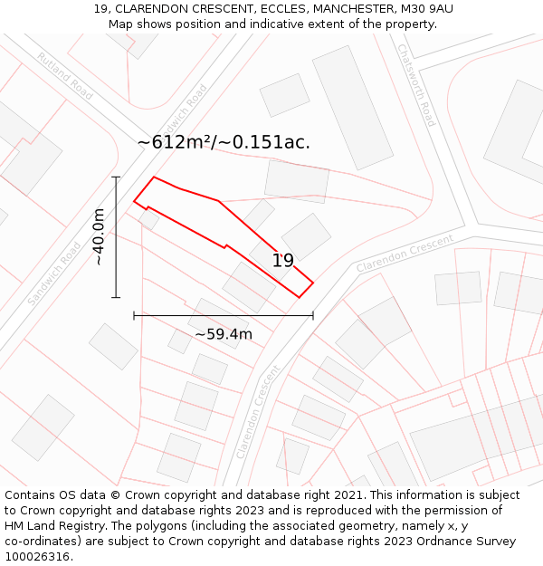 19, CLARENDON CRESCENT, ECCLES, MANCHESTER, M30 9AU: Plot and title map