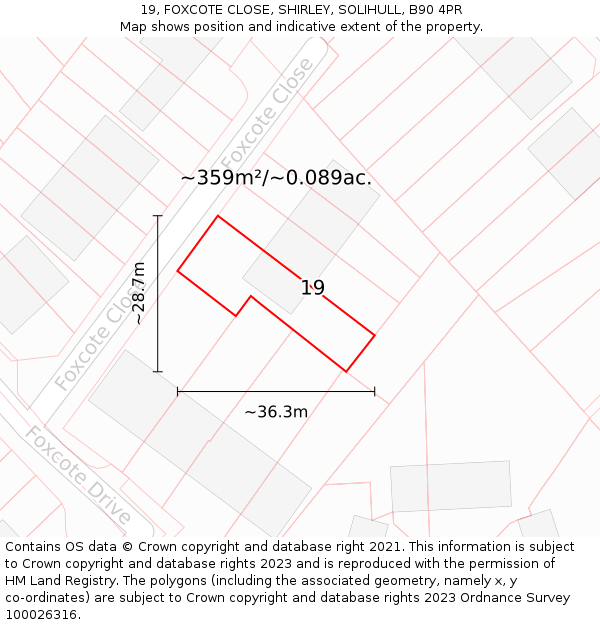 19, FOXCOTE CLOSE, SHIRLEY, SOLIHULL, B90 4PR: Plot and title map