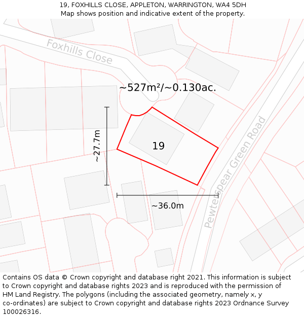 19, FOXHILLS CLOSE, APPLETON, WARRINGTON, WA4 5DH: Plot and title map