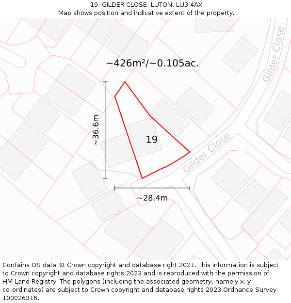 19, GILDER CLOSE, LUTON, LU3 4AX: Plot and title map