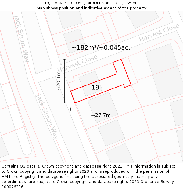 19, HARVEST CLOSE, MIDDLESBROUGH, TS5 8FP: Plot and title map