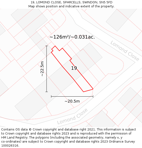 19, LOMOND CLOSE, SPARCELLS, SWINDON, SN5 5FD: Plot and title map