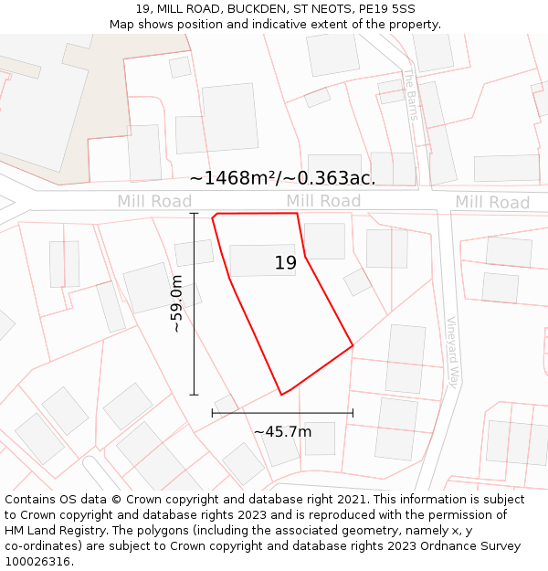 19, MILL ROAD, BUCKDEN, ST NEOTS, PE19 5SS: Plot and title map