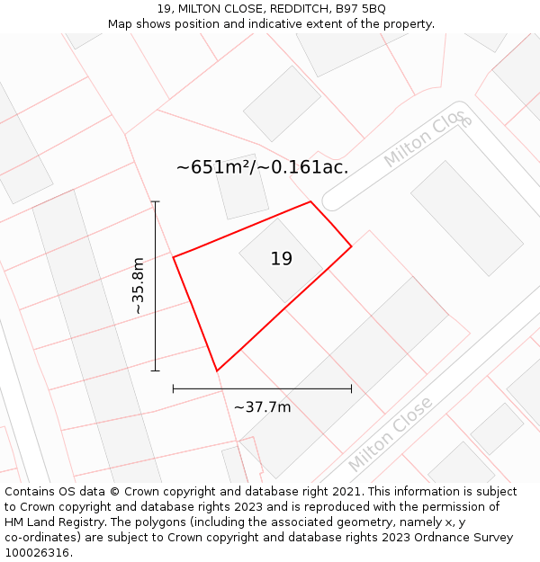 19, MILTON CLOSE, REDDITCH, B97 5BQ: Plot and title map