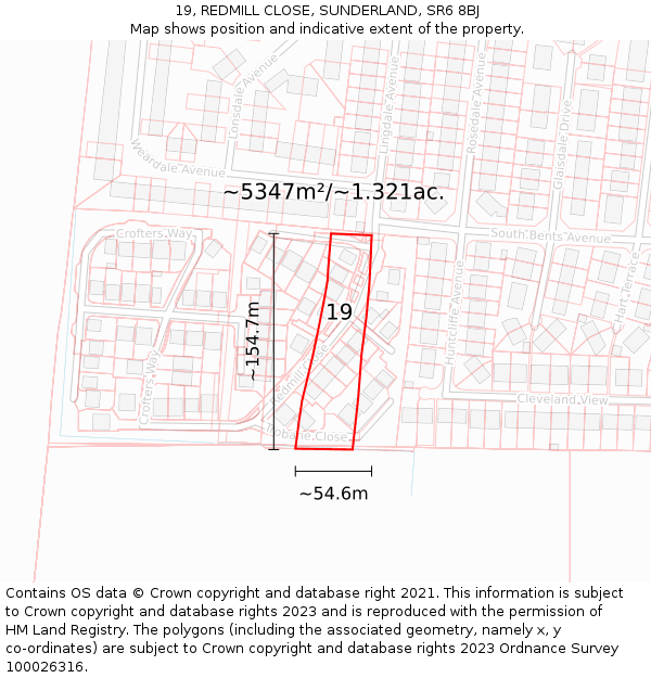 19, REDMILL CLOSE, SUNDERLAND, SR6 8BJ: Plot and title map