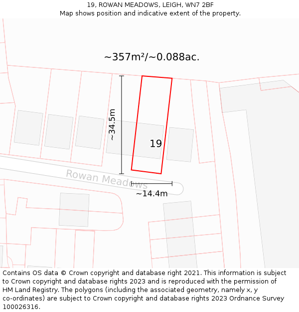 19, ROWAN MEADOWS, LEIGH, WN7 2BF: Plot and title map