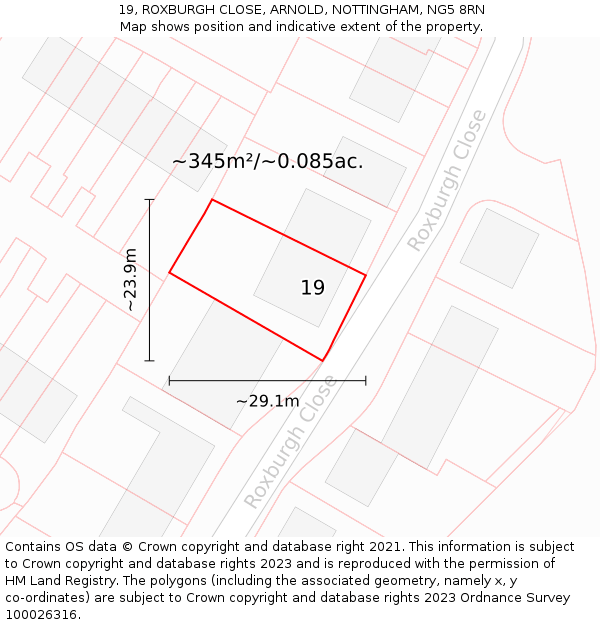 19, ROXBURGH CLOSE, ARNOLD, NOTTINGHAM, NG5 8RN: Plot and title map