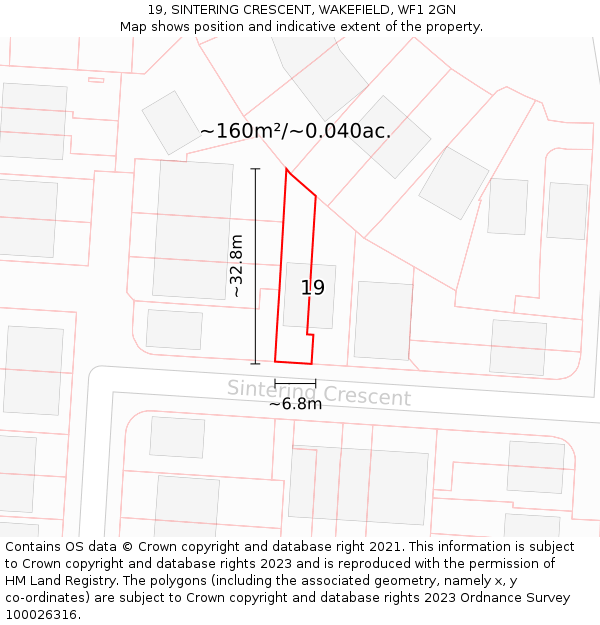 19, SINTERING CRESCENT, WAKEFIELD, WF1 2GN: Plot and title map