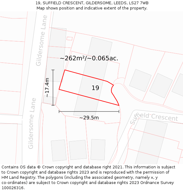 19, SUFFIELD CRESCENT, GILDERSOME, LEEDS, LS27 7WB: Plot and title map