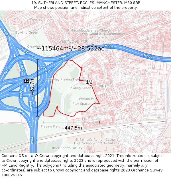 19, SUTHERLAND STREET, ECCLES, MANCHESTER, M30 8BR: Plot and title map