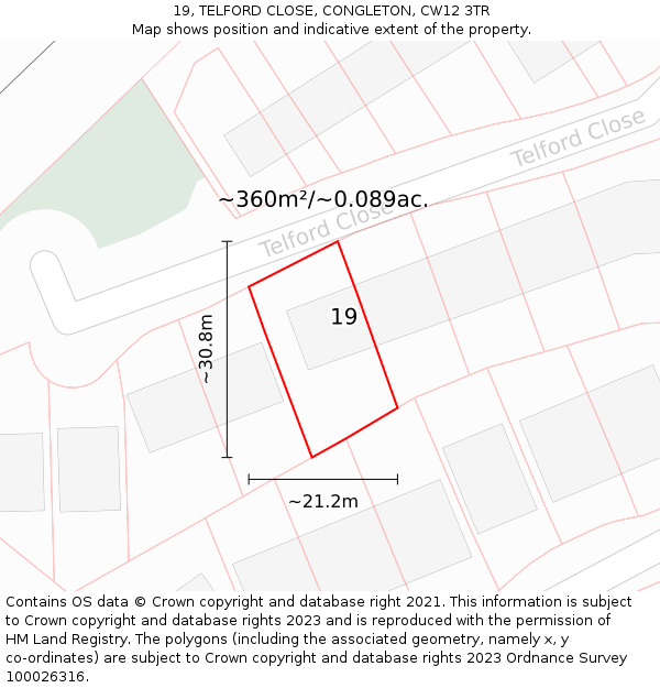 19, TELFORD CLOSE, CONGLETON, CW12 3TR: Plot and title map