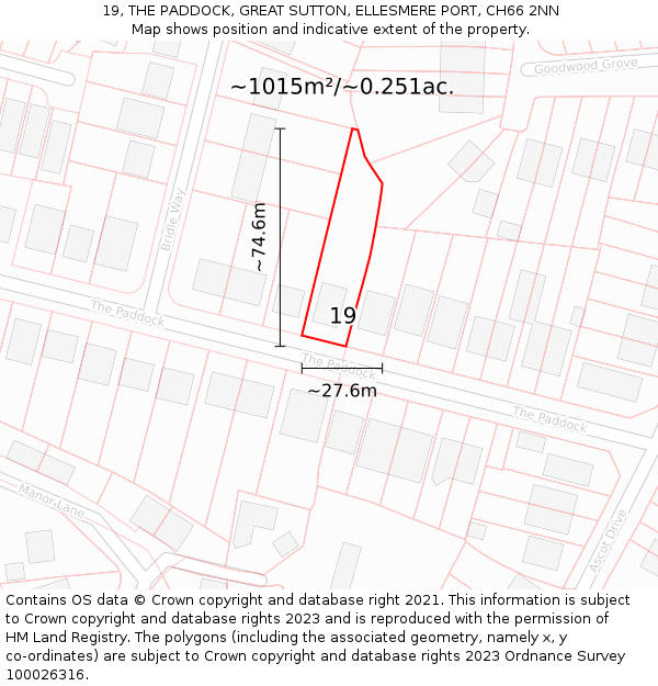 19, THE PADDOCK, GREAT SUTTON, ELLESMERE PORT, CH66 2NN: Plot and title map
