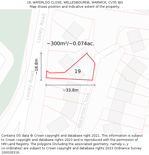 19, WATERLOO CLOSE, WELLESBOURNE, WARWICK, CV35 9JG: Plot and title map