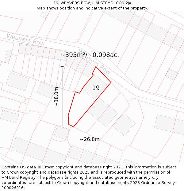 19, WEAVERS ROW, HALSTEAD, CO9 2JX: Plot and title map