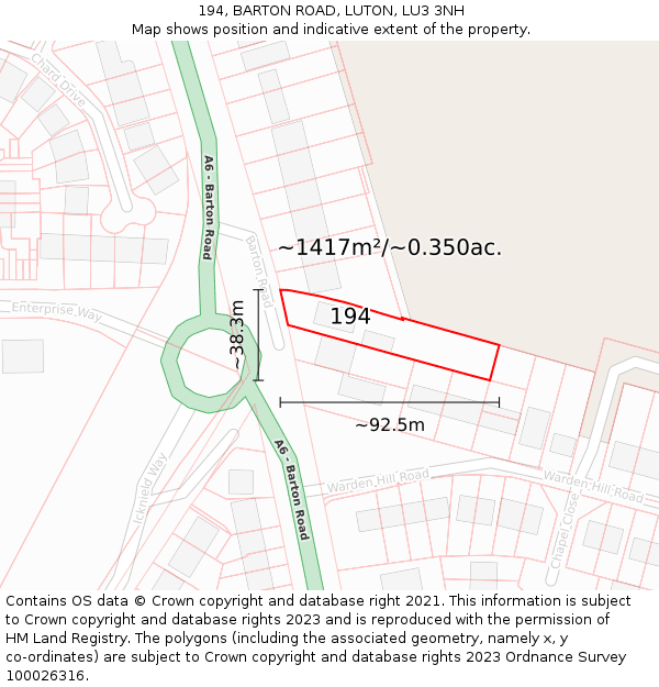 194, BARTON ROAD, LUTON, LU3 3NH: Plot and title map