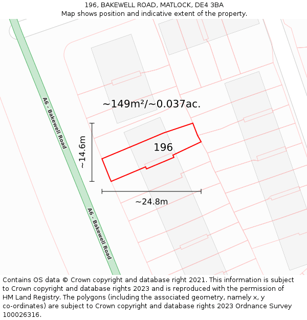 196, BAKEWELL ROAD, MATLOCK, DE4 3BA: Plot and title map